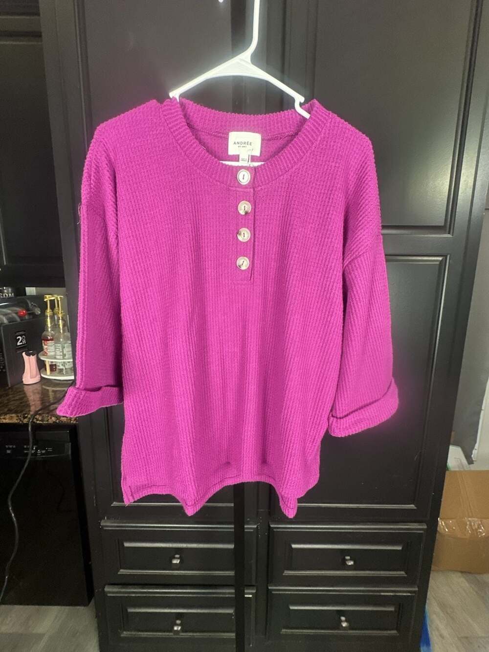 Andrée By Unit Waffle Knit Henley Top Magenta Size S #1004